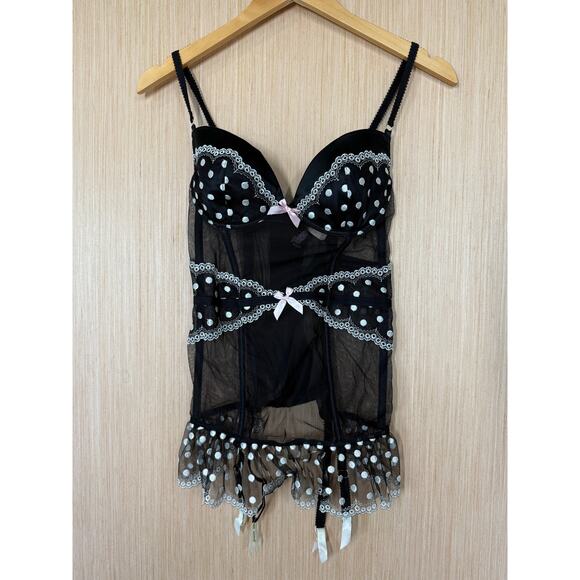 NEW Victorias Secret Corset Babydoll Lingerie Womens 34C Sheer Polka Dot Black - Picture 1 of 10